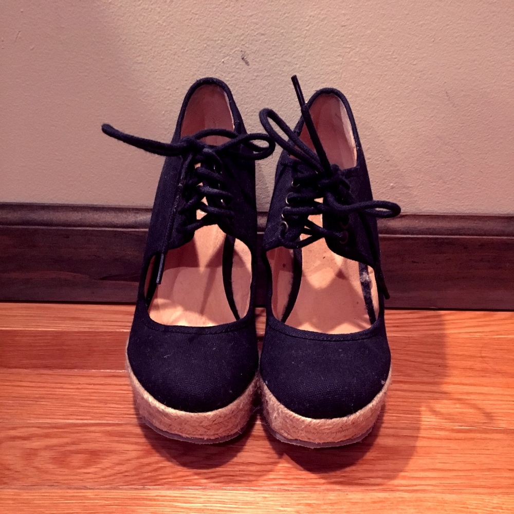 Aldo black canvas lace up espadrille wedges